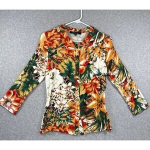 Laura Max Top Women's Size Small Colorful Tropical Floral Stretch Knit Button Up